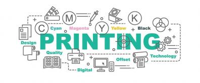 Illustration of different types of digital content with "PRINTING" in large block letters