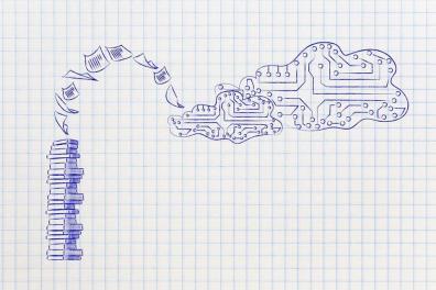 Conceptual representation of invoice scanning where hardcopy is turned into data