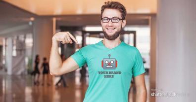 Indie developer with robot t-shirt