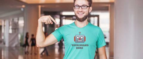 Indie developer with robot t-shirt