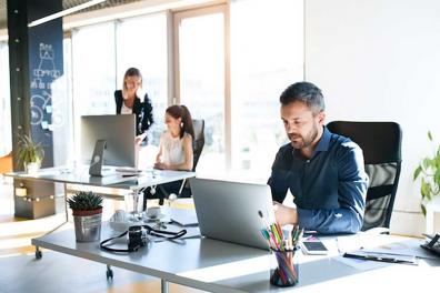 Employees working on laptops at modern desks in office setting