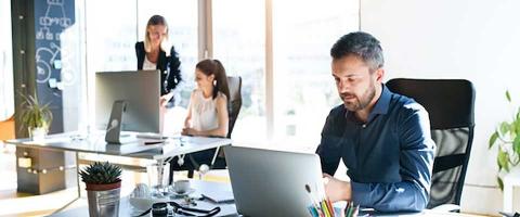 Employees working on laptops at modern desks in office setting