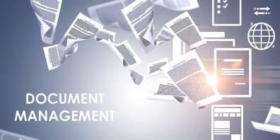 "Document Management" transposed over illustration of sheets of paper flying through air