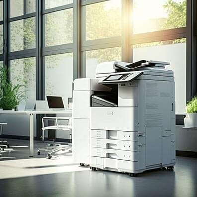 Multi-purpose printer sitting in well-lit office building