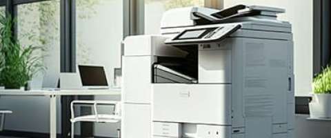 Multi-purpose printer sitting in well-lit office building